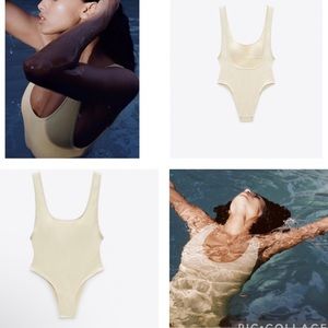 NWT Zara Ecru Cream High Thigh Ribbed Swimsuit Size Medium